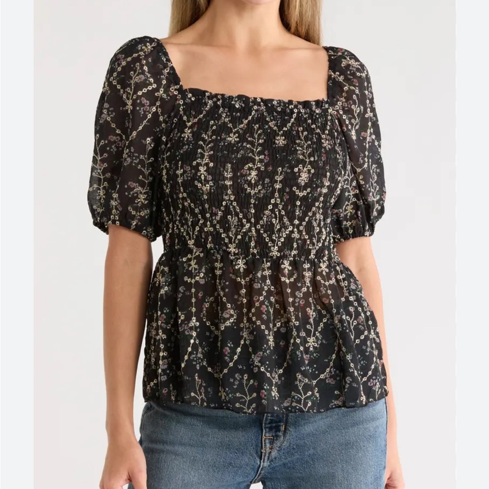 NWOT Floral Black Smocked Short Sleeve Sheer Top